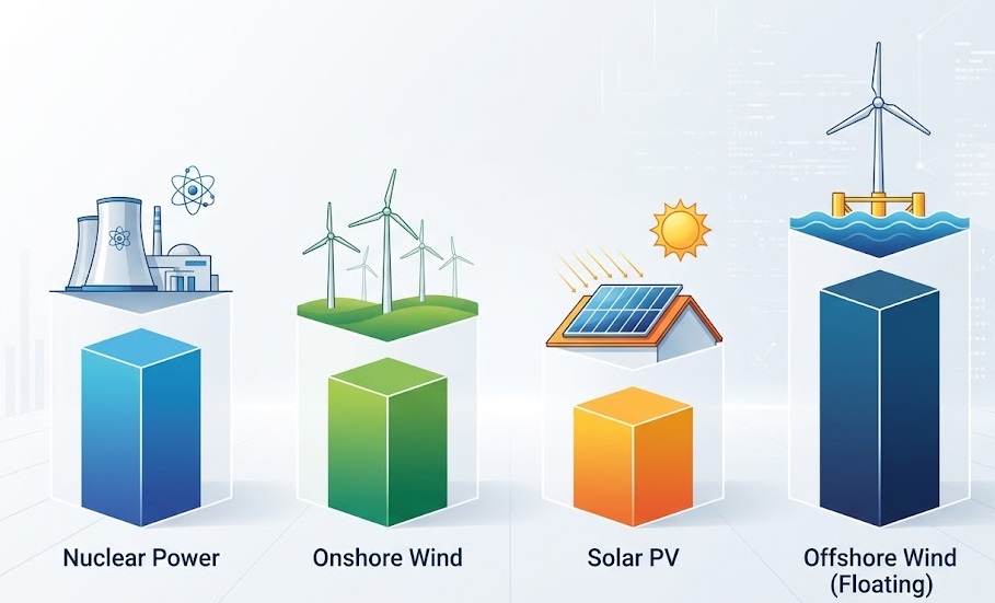 2040年時点の各発電方式（原子力、陸上風力、太陽光、不体式洋上風力）の相対的な発電コスト比較表の概念図。不体式洋上風力が最も高コストであることを視覚的に示している。