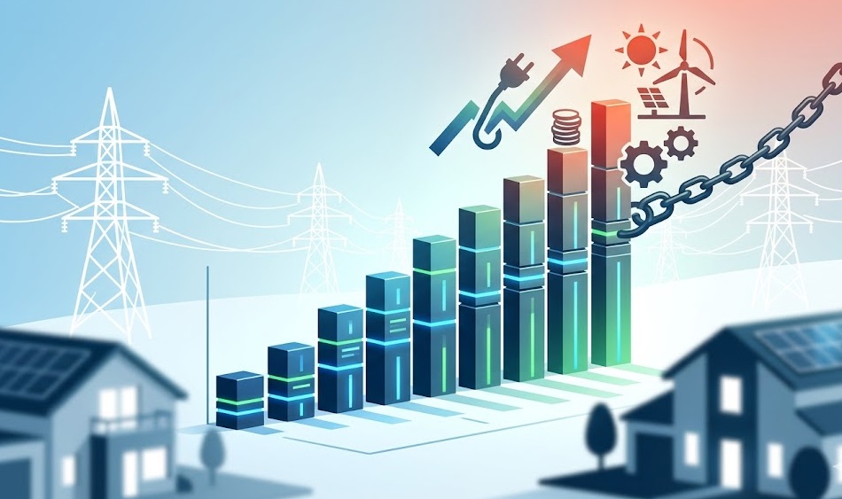 再エネ賦課金や電力システム統合コストの増加により、将来的に電気料金が右肩上がりに上昇していくイメージを描いたイラスト。