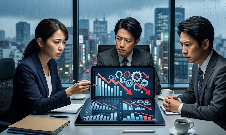 会議室で複雑な財務データ（撤退違約金や減損損失）を深刻な面持ちで分析する日本人ビジネスパーソンのグループ。背景には雨の東京の街並み。