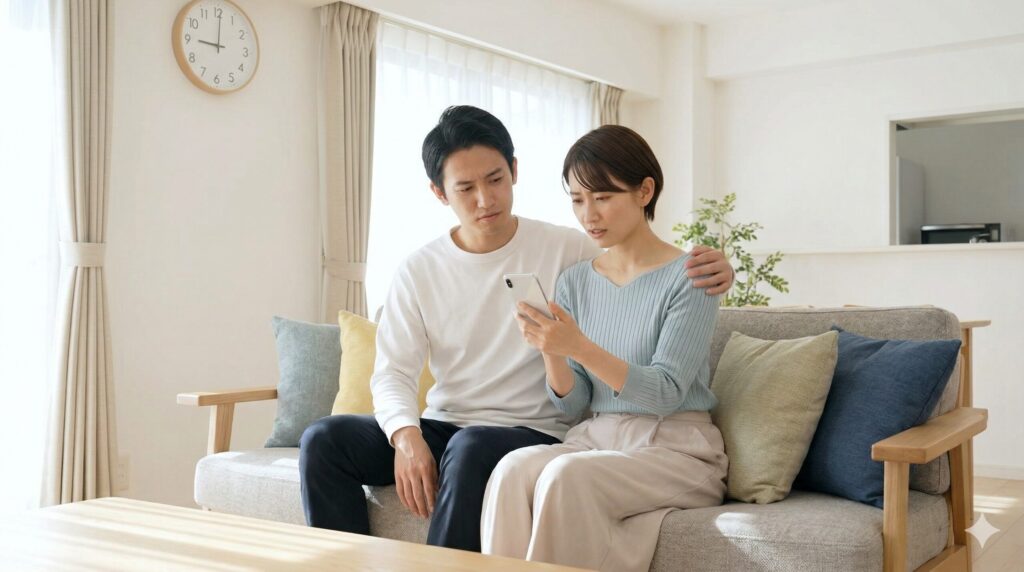 午前9時過ぎ、スマートフォンでスペーシアXの予約状況を確認し、少し悔しそうな表情を浮かべる日本のカップル。