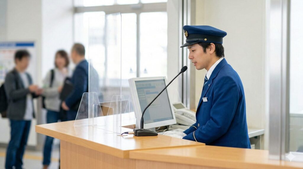 駅の窓口で、特急券予約システム端末を操作する東武鉄道の駅員。
