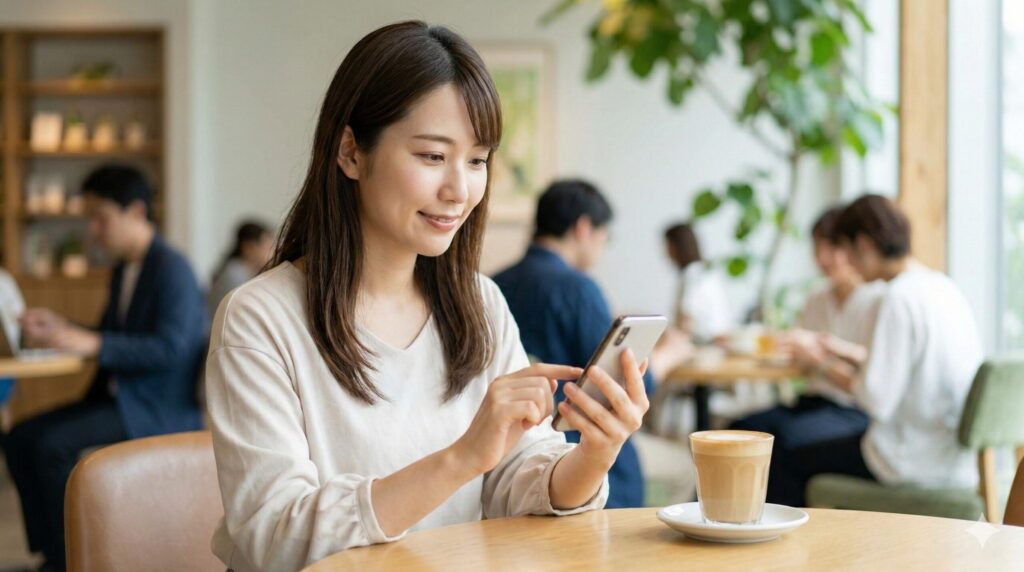 カフェでリラックスしながらスマートフォンを操作し、「NIKKO MaaS」でスペーシアXの予約をスムーズに完了させる日本人女性。