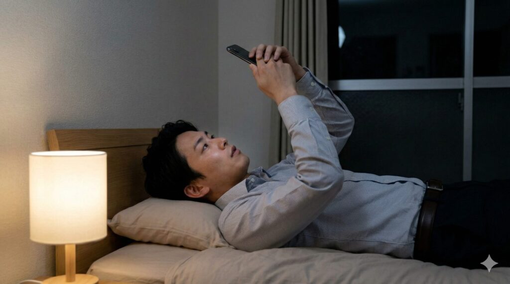 深夜、ベッドに横になりながらスマートフォンでスペーシアXの空席状況をこまめにチェックし、キャンセル拾いを狙う日本人男性。