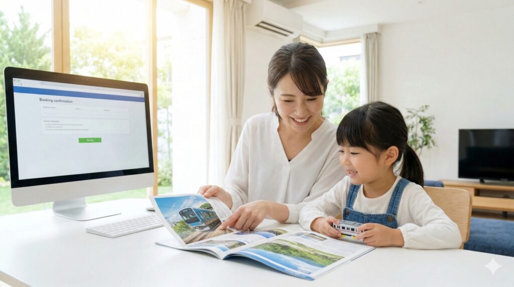 自宅のリビングで、旅行会社の宿泊パック（ツアー）のパンフレットを見ながら、スペーシアXでの旅行計画を楽しむ日本人親子。