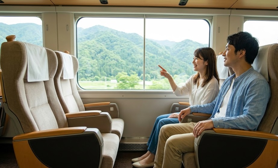 スペーシアXの快適な座席で、窓外の美しい景色を眺めながらリラックスして旅を楽しむ日本人カップル。