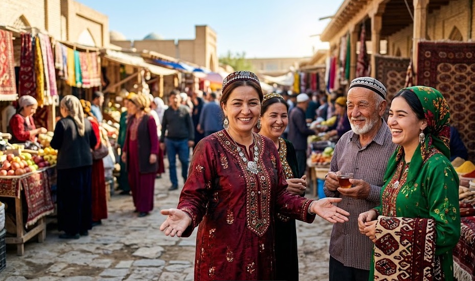 伝統衣装を着たトルクメニスタンの人々が笑顔で歓迎する様子