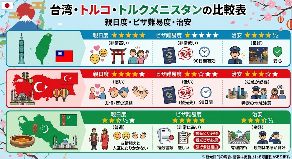 台湾・トルコ・トルクメニスタンの親日度、ビザ難易度、治安の比較表