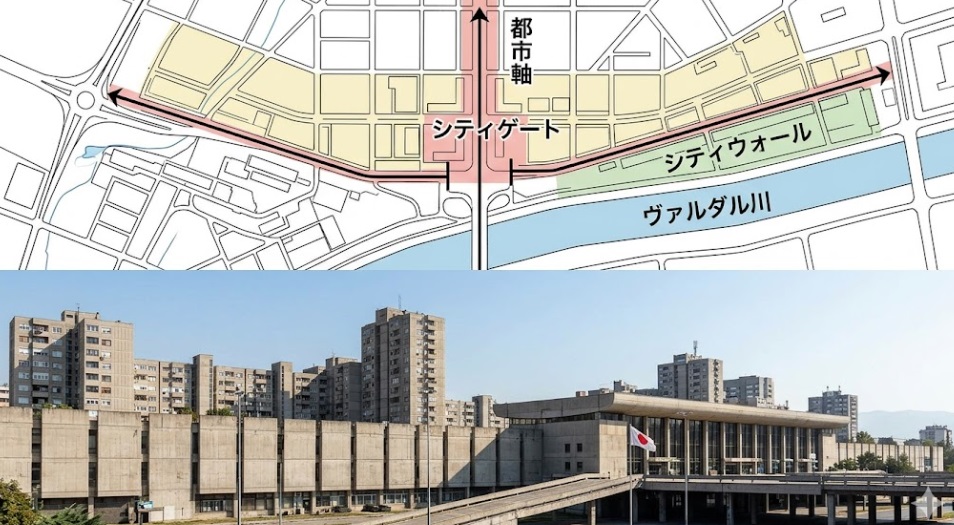 丹下健三によるスコピエの都市計画・シティウォールとシティゲート