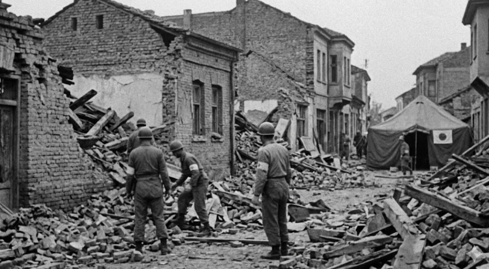 1963年のスコピエ大地震の被害を伝える写真