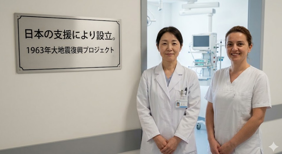 スコピエ市内の病院や学校に残る日本の支援の証